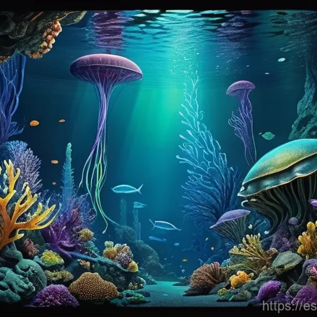 심해 식민지 개발에 있어 윤리적 기준 세우기 - The Bioluminescent Abyss**
"An intricate, highly detailed illustration of a vibrant deep-sea ecosyst...