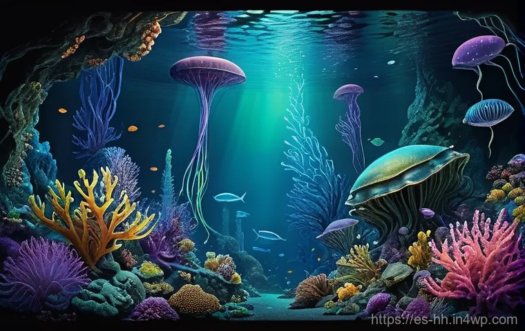 심해 식민지 개발에 있어 윤리적 기준 세우기 - The Bioluminescent Abyss**
"An intricate, highly detailed illustration of a vibrant deep-sea ecosyst...