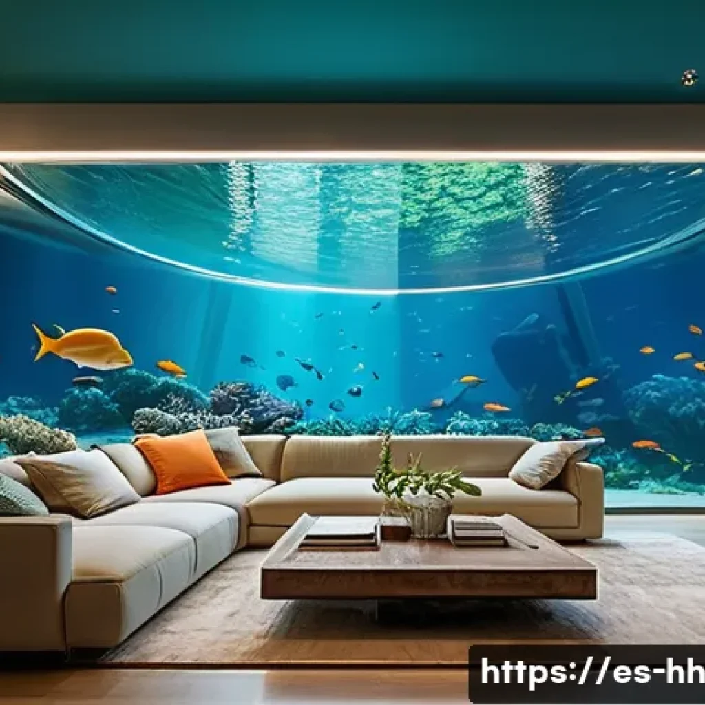 심해 거주지 설계의 혁신적 접근법 - **Prompt:** A cozy and futuristic living area inside a modular underwater habitat. Large, curved tra...