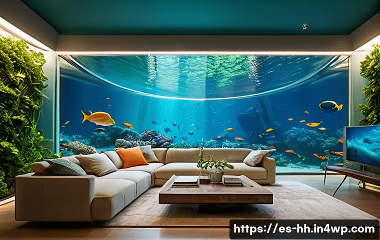 심해 거주지 설계의 혁신적 접근법 - **Prompt:** A cozy and futuristic living area inside a modular underwater habitat. Large, curved tra...