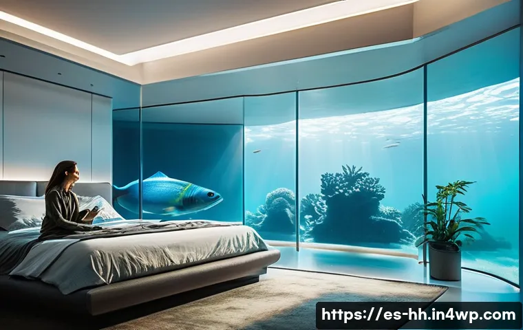 심해 식민지의 사회적 구조와 문화 - **Prompt:** A serene morning scene inside a futuristic underwater apartment. A young woman, fully cl...