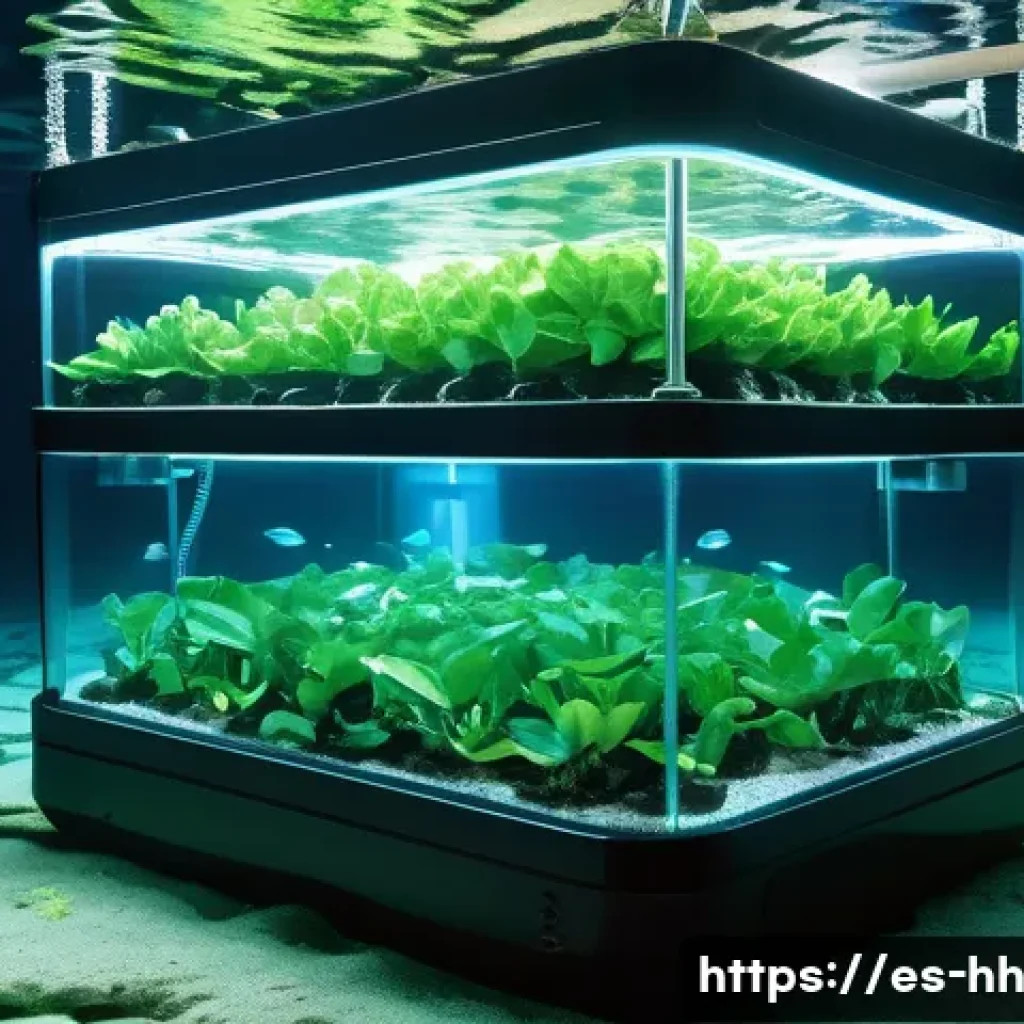 심해 식민지에서의 지속 가능한 농업 모델 - A high-tech underwater hydroponic farming system anchored on the ocean floor, featuring flexible cor...