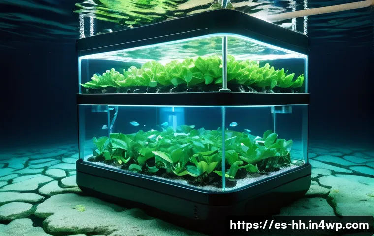 심해 식민지에서의 지속 가능한 농업 모델 - A high-tech underwater hydroponic farming system anchored on the ocean floor, featuring flexible cor...