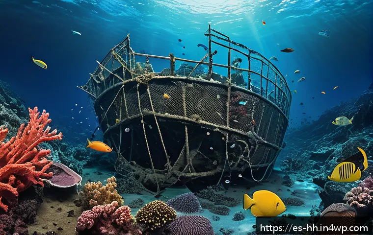 심해 생태계와 인간 활동의 상호작용 - A detailed underwater scene depicting the destructive impact of industrial deep-sea trawling on mari...