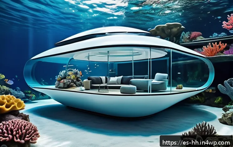 심해 정착을 위한 거주지 환경 조성 방안 - A futuristic underwater habitat made from sleek titanium alloy structures with ceramic self-cleaning...