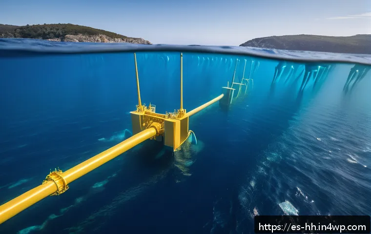 심해 식민지에서의 대체 에너지 활용 - Underwater tidal turbine installation off the coast of Galicia, Spain, showcasing large submerged tu...