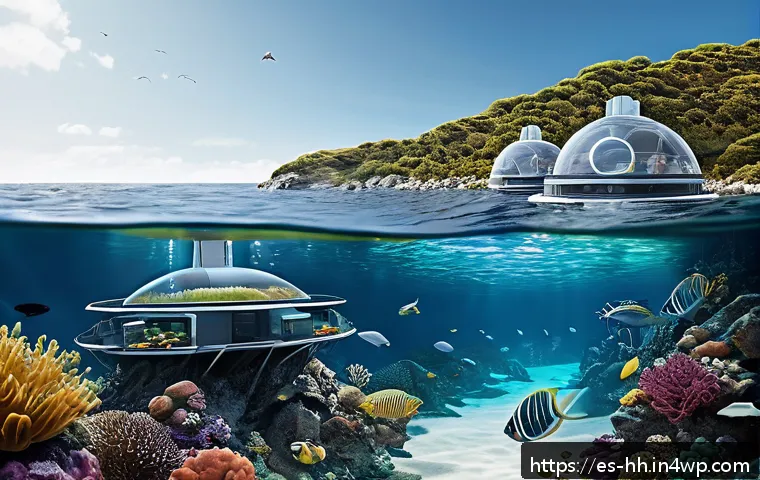 심해 식민지 구상에 대한 사용자 의견 조사 - A futuristic underwater research colony nestled on the ocean floor, featuring large transparent dome...