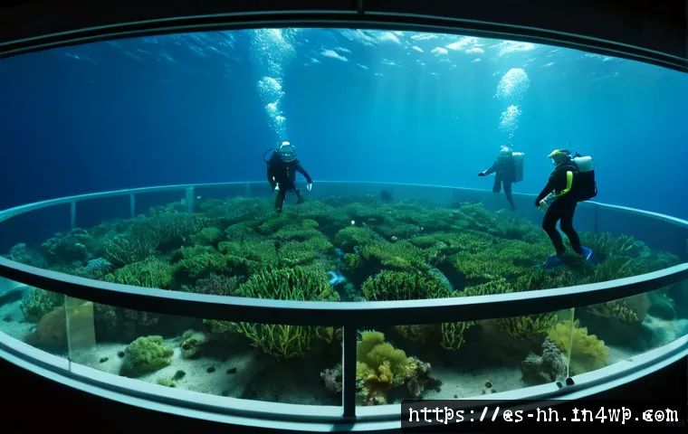 Home 15 심해 식민지 구상과 지속 가능한 개발 목표 - Photorealistic underwater deep-sea colony viewed through a wide panoramic observation window, modula...