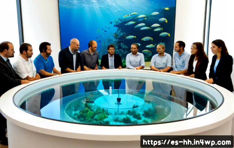 Home 13 심해 식민지 구상에 대한 정책 제안 - Photorealistic policy workshop in a modern coastal government office in Spain, diverse Spanish marin...