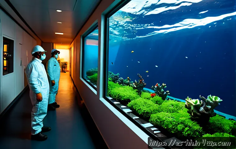 Home 15 심해 식민지의 기후 변화 대응 전략 - Photorealistic wide interior of a deep-sea research colony designed for climate resilience, Hispanic...